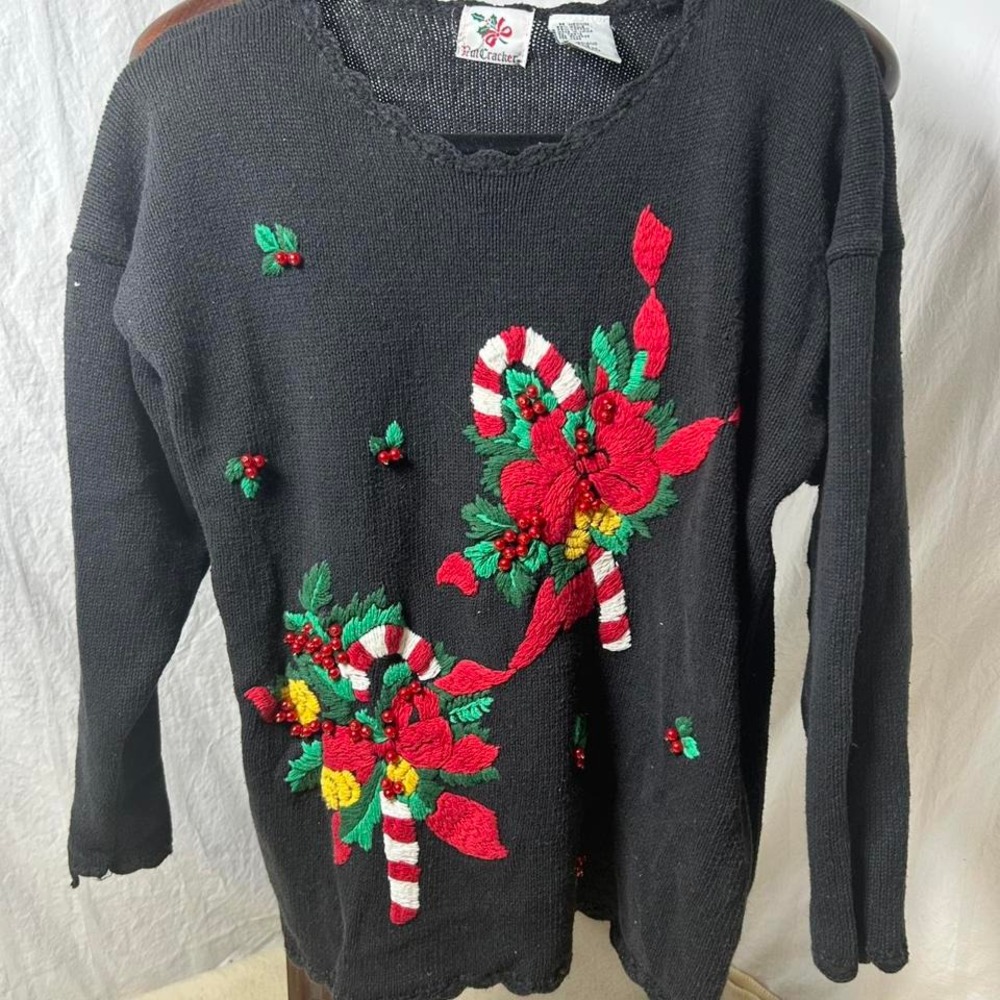 Vintage‎ Nutcracker Christmas Candy Cane Embroidery Holiday Ugly Sweater Medium